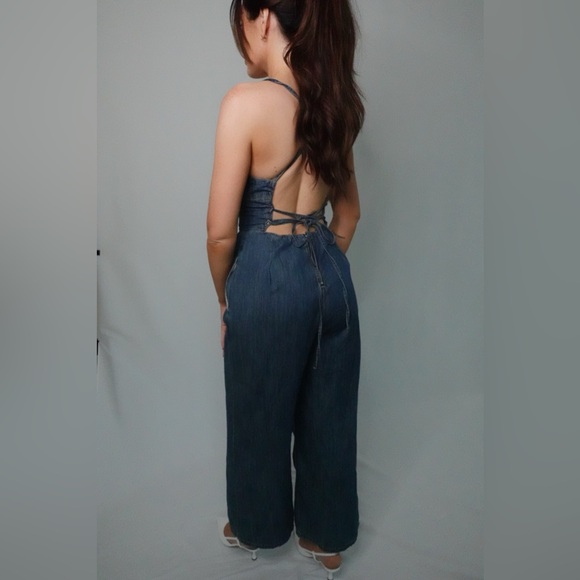 Washed Out Denim Cross Back Jumpsuit - Picture 3 of 3
